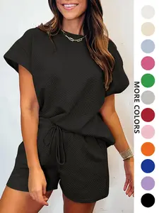 Two-Piece Set Women's Solid Textured Knit Batwing Sleeve T-shirt & Drawstring Waist Shorts Set, Casual Style Round Neck Short Sleeve Top & Pocket Design Shorts for Summer, Ladies Clothes for Everyday Wear, Womenswear, Fit