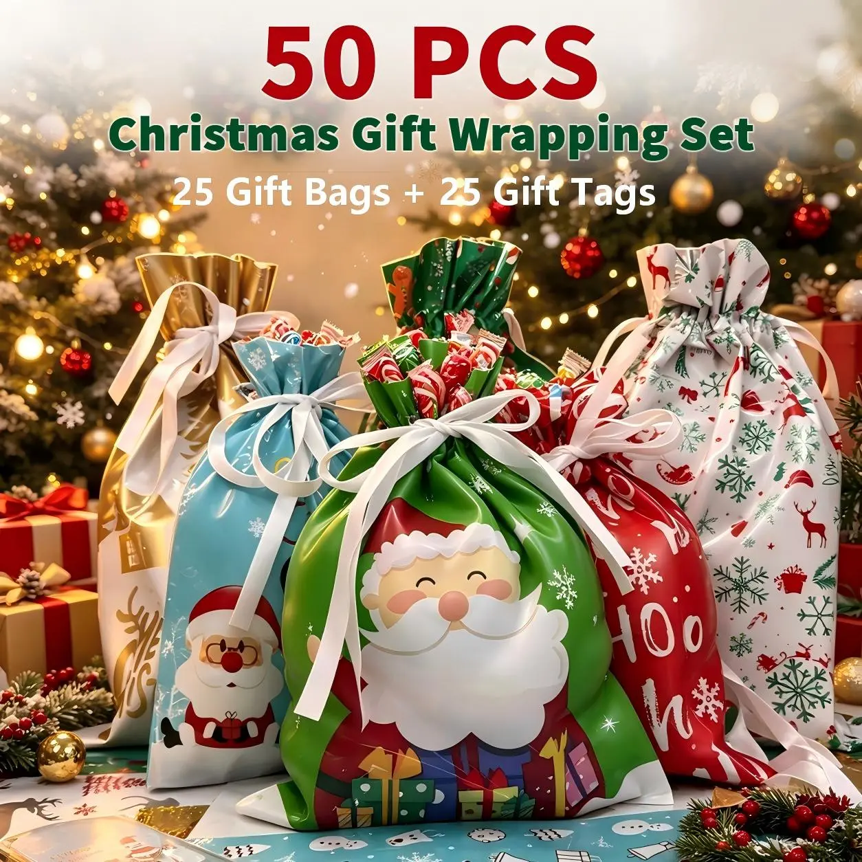 Christmas Gift Bags, 25 Gift Bags + 25 Gift Tags, 50 PCS Set, Drawstring Gift Bags in 2 Sizes, Santa & Snowflake Christmas Wrapping Bags, Goodie Bags & Party Favor Bags for Kids tiktokshopbacktoschool
