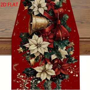 1pc Elegant Red & Golden Poinsettia Poinsettia Table Runner with White Poinsettia Golden Snowflakes Pine Branches & Golden Bells - Durable Rectangular Christmas Table Decoration for Dining Table Kitchen Holiday Party Decor