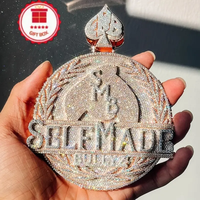 Iced Out SELFMADE Spade Large Pendant Necklace | 14K Rose Gold Plated Heavy Micro Pave CZ Diamond Medallion | Includes 4mm Rope Chain | Luxury Statement Jewelry For American Men | Hip Hop Rap Streetwear Gift, Cz Diamonds, Men's Jewelry