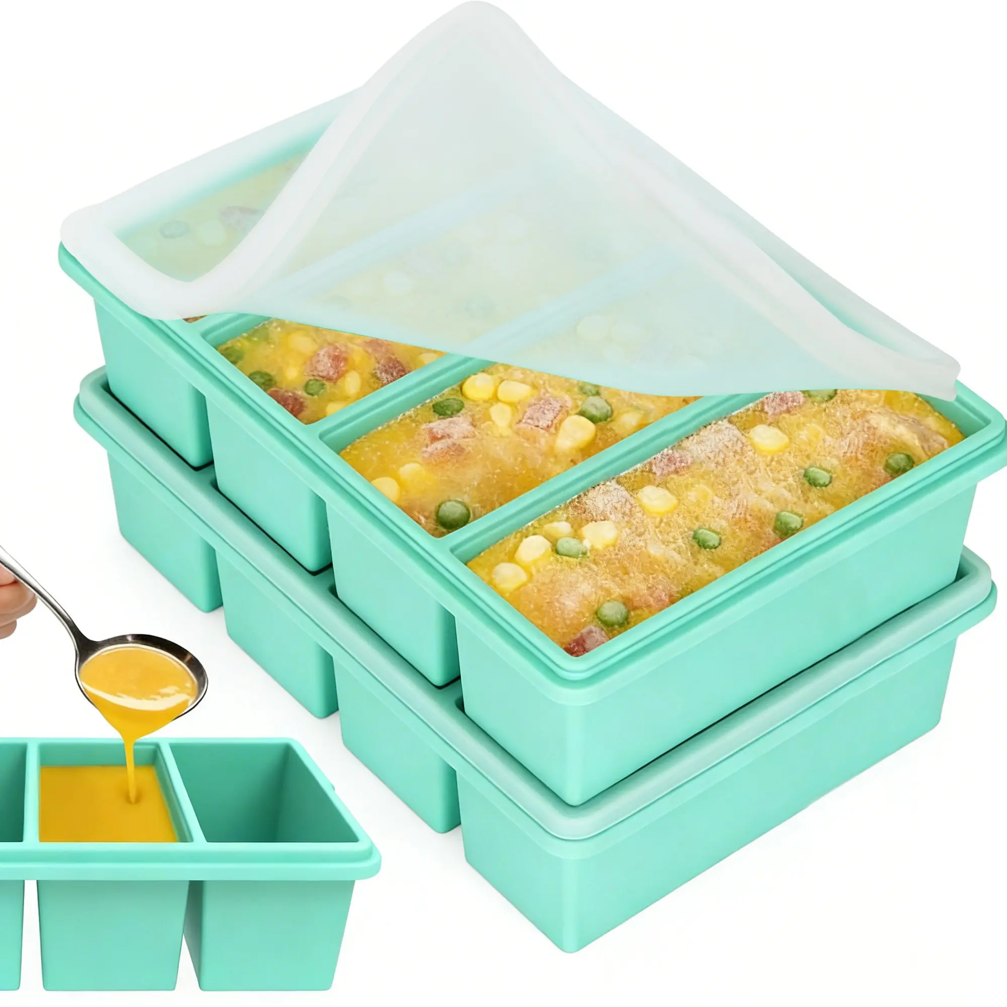 Silicone Freezer Trays with Lids, 1-Cup Soup Container Style Ice Cube Trays for Freezer - Kitchen Food Storage, Reusable Food Container, Leakproof, Dishwasher,Oven Safe, Stackable, Ideal for Frozen Broth, Leftovers & Meal Prep, BPA Free