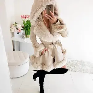 Belted Faux Fur Hooded Fit Coat Faux Fur Chav Coat Women's Double Breasted Wool Coat Double-Breasted Pea Coat Long Sleeve Open Front Blazer（gift）