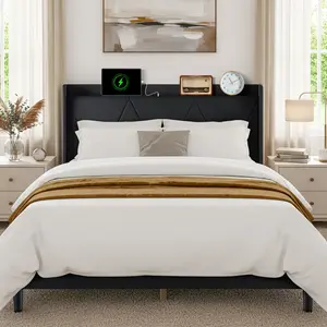 Modern Upholstered Platform Bed Frame with Headboard & USB Charging Station