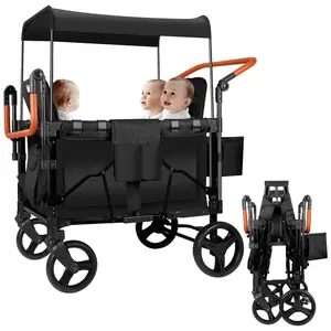 BaiYi Deluxe Stroller Wagon for 4 Kids, Foldable 4 Passenger Quad Seater with Adjustable Canopy, 5 Point Harness, Two Adjustable Handlebars