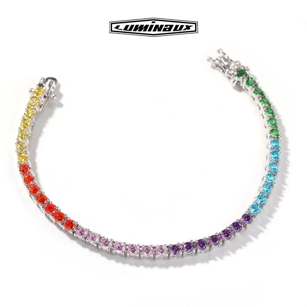 Unisex Artificial Gemstone Iced Out Tennis Bracelet, 3.5mm Rainbow Chain Jewelry with Box, Ideal Gift for Bracelet Stack Enthusiasts, Ideal Unisex Gift, Rhinestones, Daily Wear, Adults, Simulated Gems, Synthetic/Simulated Coloured Gemstone, Bracelets Stac