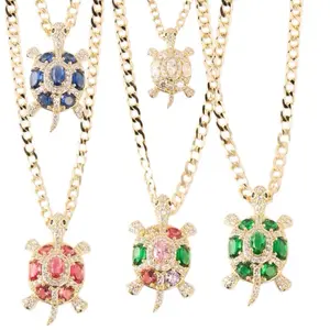 14K Gold Plated Cuban Chain 3mm Turtle Pendant 16" 18" 20" with Color Gem Options for Women