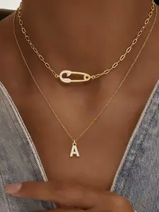 Women's Zirconia Initial Pendant Necklace Set, Multilayer Necklace, Stainless Steel Chain, Elegant Multi-Layer Design, Dainty Layering Jewelry, All Seasons Jewelry