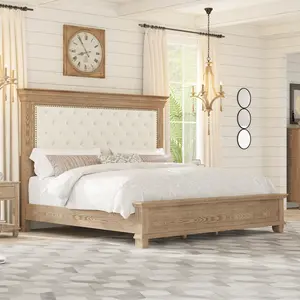 AMERLIFE Rustic Solid Wood Bed Frame With 68" Tall Headboard, Farmhouse Chenille Upholstered Panel Platform Bed Mattress Frame, No Mattress