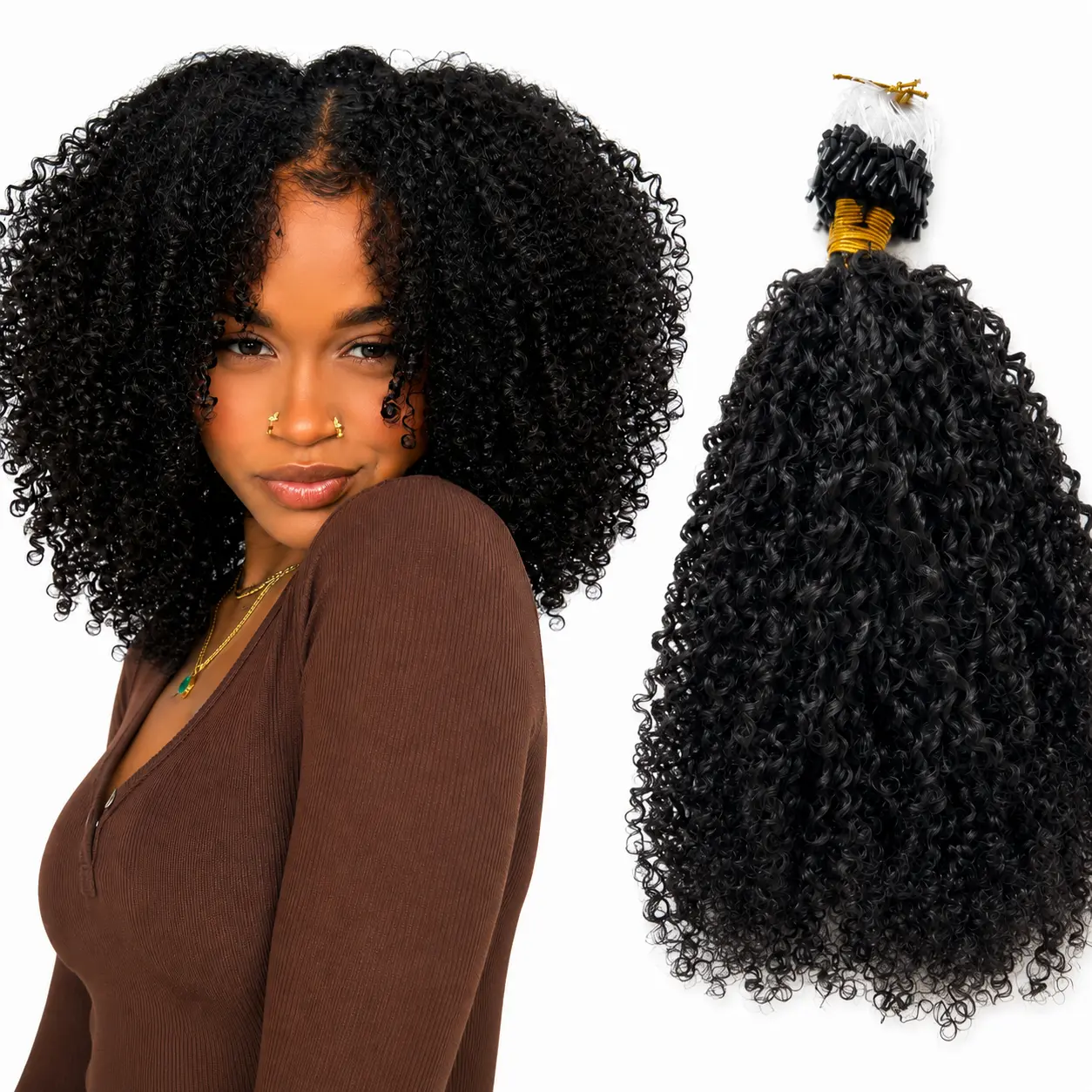 Women's 100-Strand 100% Human Hair Micro Loop Extensions, Afro Kinky Curly Loops Ring Pieces for Length Boost & Volume Addition