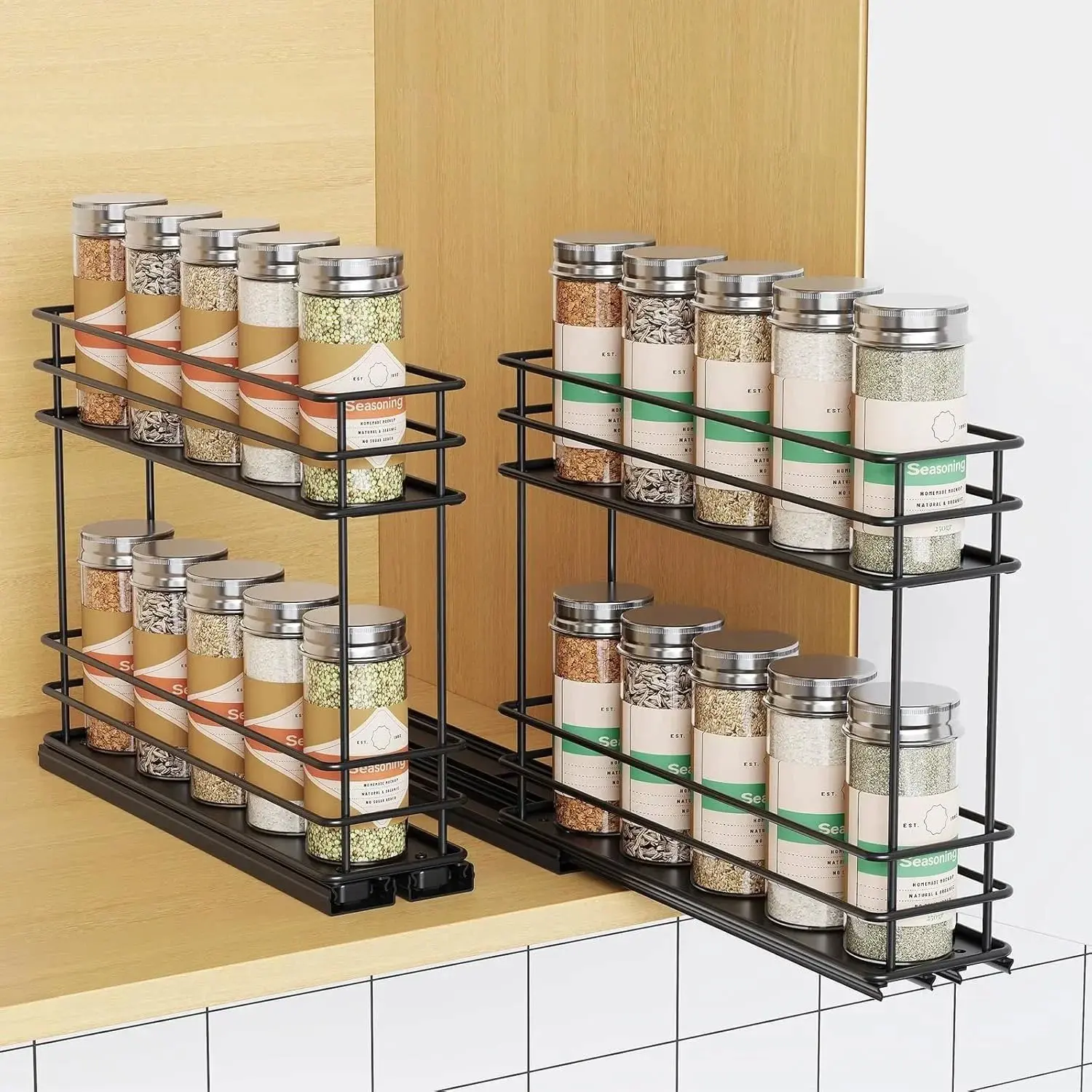 2-Layer Compact Space Cabinet Pantry Organizer with Vertical Dual Slide Rails, 2-Drawer Pull-Out Kitchenware for Cabinets, Easy-to-Install Spice Rack, 2.75''Wx10.35''Dx8.26''H, Stable