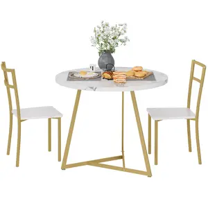 【GARVEE】3-Piece Modern Dining Table Set for 2 with Round Gold Marble White Kitchen Table and Chairs, Perfect for Small Spaces and Apartments