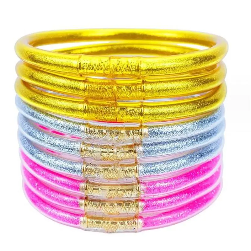 9-Piece Silicone Gold Filled Bracelet Set, Bull Ring Stamped Glitter Jelly Layered Bangles for Women, Sparkling Shiny Fashion Jewelry