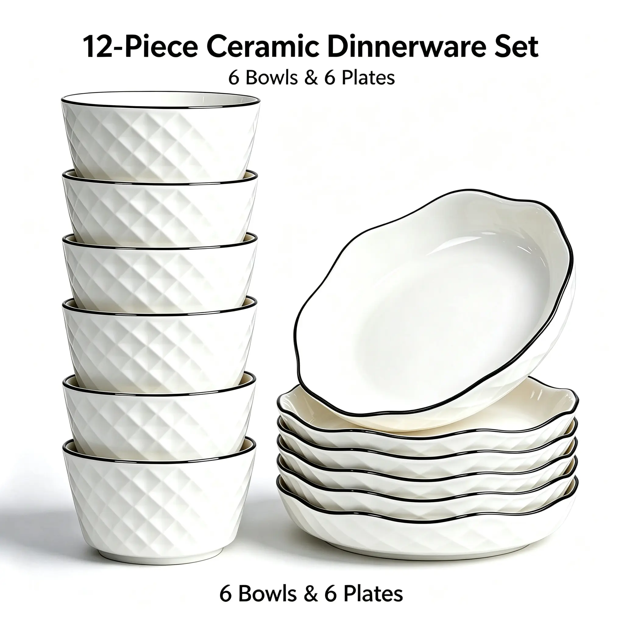 Diamond Embossed Patterned Ceramic Round Plates, 6-Piece 8-in Black Dinner Plates, Microwave & Dishwasher Safe, Ideal for Steak, Home Gatherings
