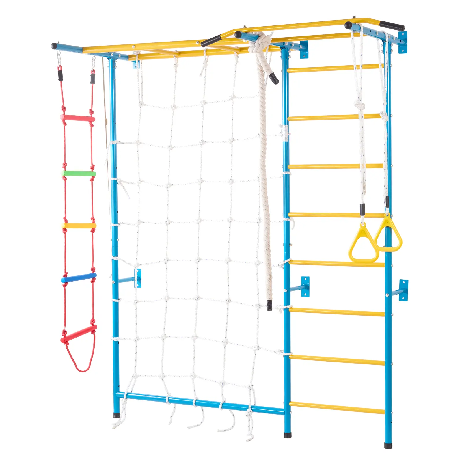 VEVOR Indoor Jungle Gym for Toddlers,  7-in-1 Climbing Playset with Carbon Steel Swedish Ladder, Wall Ladder, Pull-Up Bar, Rope Ladder, and Gymnastic Rings, Supports 220 lbs, Multicolor