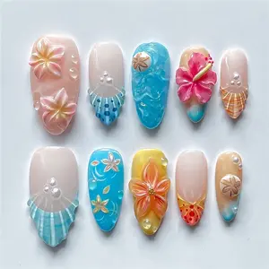24 Pcs Medium Almond Shape Nails, Beach Theme 3D Flower & Shell Nail Art, Y2K Glossy Fake Nails, Reusable, Includes Jelly Glue, Jelly Nail Adhesives & File