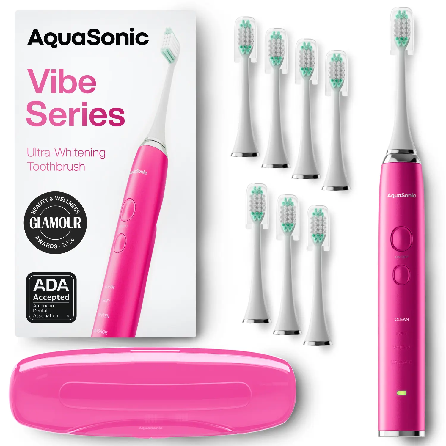 Vibe Series Sonic Whitening Toothbrush 40,000 VPM, 8 Brush Heads, Wireless Charging, Lightweight, Waterproof, Rechargeable Electric | AquaSonic Vibe Series Sonic Whitening Toothbrush 40,000 VPM, 8 Brush Heads, Wireless Charging, Lightweight, Waterproof, Rechargeable Electric | AquaSonic