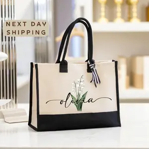 Custom Birth Month Canvas Tote Bag, Personalized Flower Tote, Birthday Gift Tote, Monogram Tote, Name Tote Bag