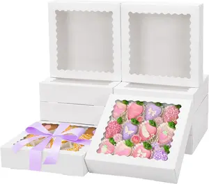 12pcs Bakery Boxes, Auto-Popup Cookie Boxes with Window, White Treat Containers for Chocolate Strawberries, Donuts, Desserts, Pastries