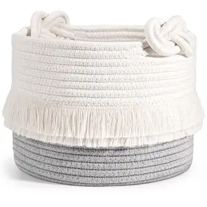 Sowyem Small Woven Storage Baskets Cotton and Grey Rope Decorative Hamper for Diaper, Blankets, Magazine and Keys, Cute Tassel Nursery Decor - Home Storage Container – 9.5'' x 7''