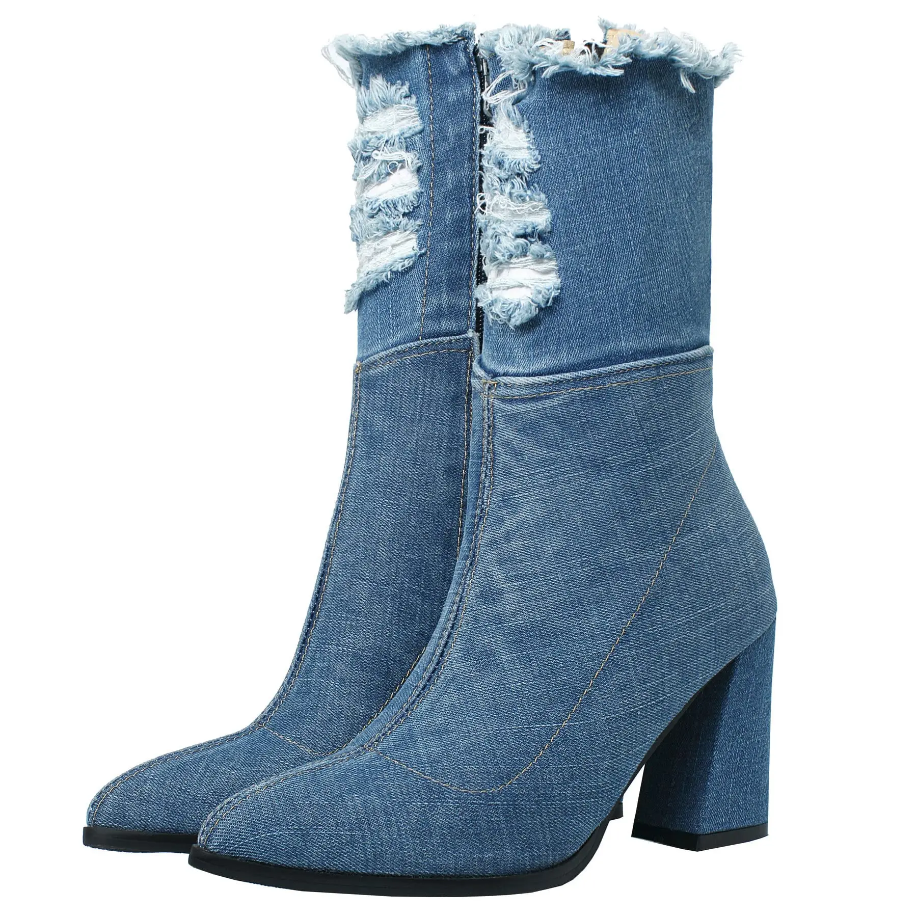 Women's Western Cowgirl Distressed Denim Mid-Calf Boots - Pointed Toe, Thick High Chunky Heel, Side Zipper, Raw Edge, Hole Hollow Design, Slip Resistant Rubber Footwear (7562-2-Lightblue)