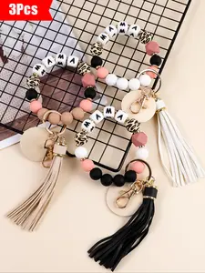 Set of 3 Beaded Keychains, Classic Design, Leopard Print Mix with Letter Mama, Fashion Bracelet & Bag Charm Gift