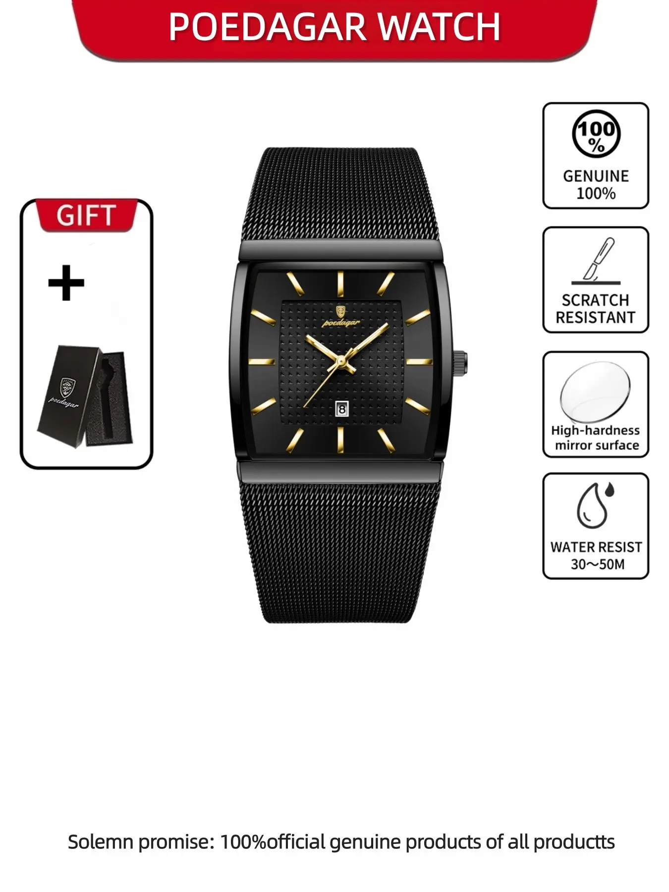 Poedagar Men's Watch Waterproof Wristwatch Night Light Date Rectangular Watch Milan Mesh Stainless Steel Strap Men's Casual Fashion Watch Analog Quartz Watch Analogue Quartz Watch