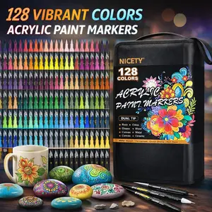 NICETY Dual Tip Acrylic Paint Markers Set — 60/128 Colors Brush & Fine Tip Paint Pens Artist Supplies, Waterproof Non-Toxic, Rock Painting Canvas Wood Ceramic Glass Art Supplies with Zippered Case