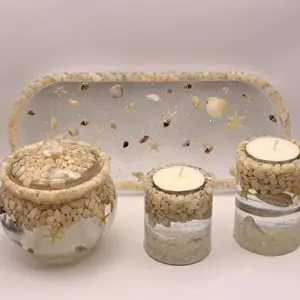 Handmade Trinket Tray Storage Jar & Tealight Candle Holder Set with Seashell Design and Starfish Accents