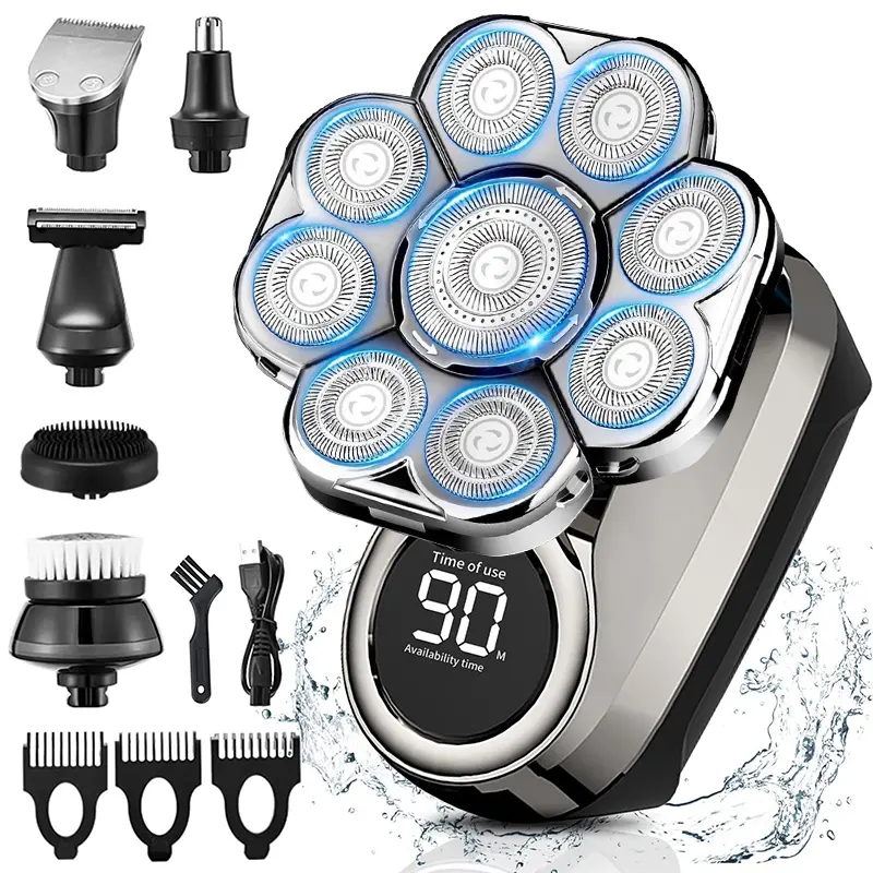 Electric Razor for Men, Cordless Waterproof Shaver with 9D Floating Head, 6-in-1 Grooming Kit for Wet & Dry Use on Face, Head & Body, LED Display, Face/Body/Hair, Dry/Wet Safe