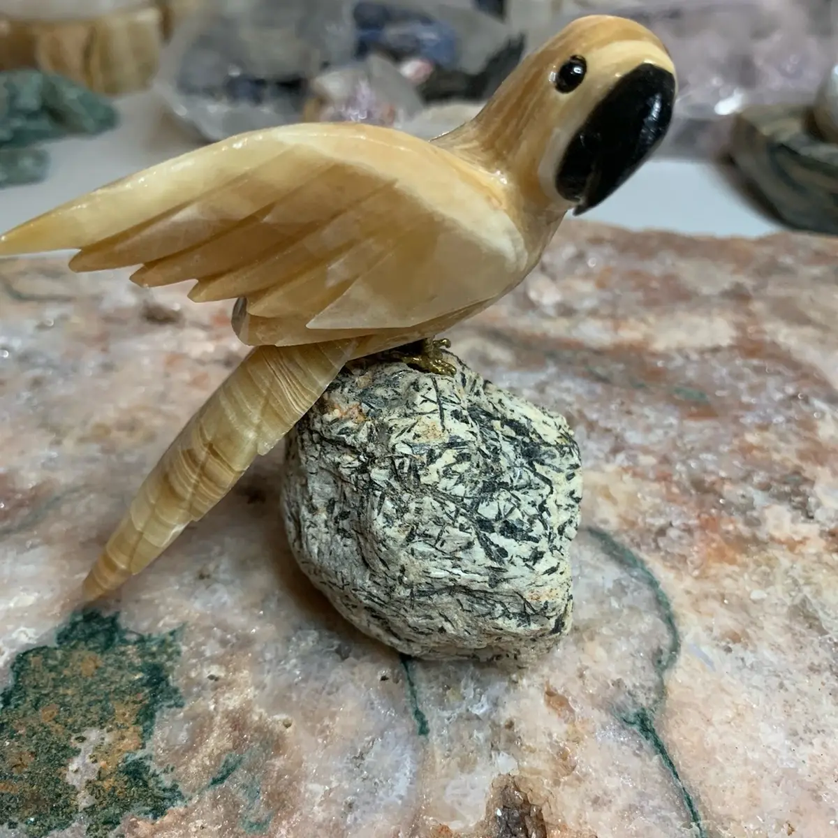 Chocolate Calcite Bird on Raw Epidote Natural Crystal