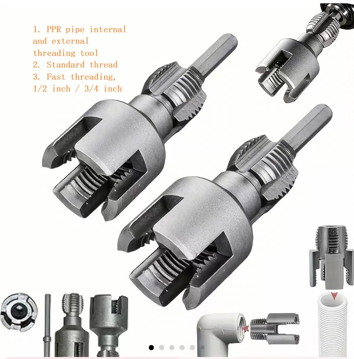 2-Piece Dual-Function PVC Threading Tool Set with 1/2 in & 3/4 in NPT Precision Alloy Steel Inner/Outside Sleeves, Electric Drill-Compatible for PVC Pipe Work, Ideal for Home Users