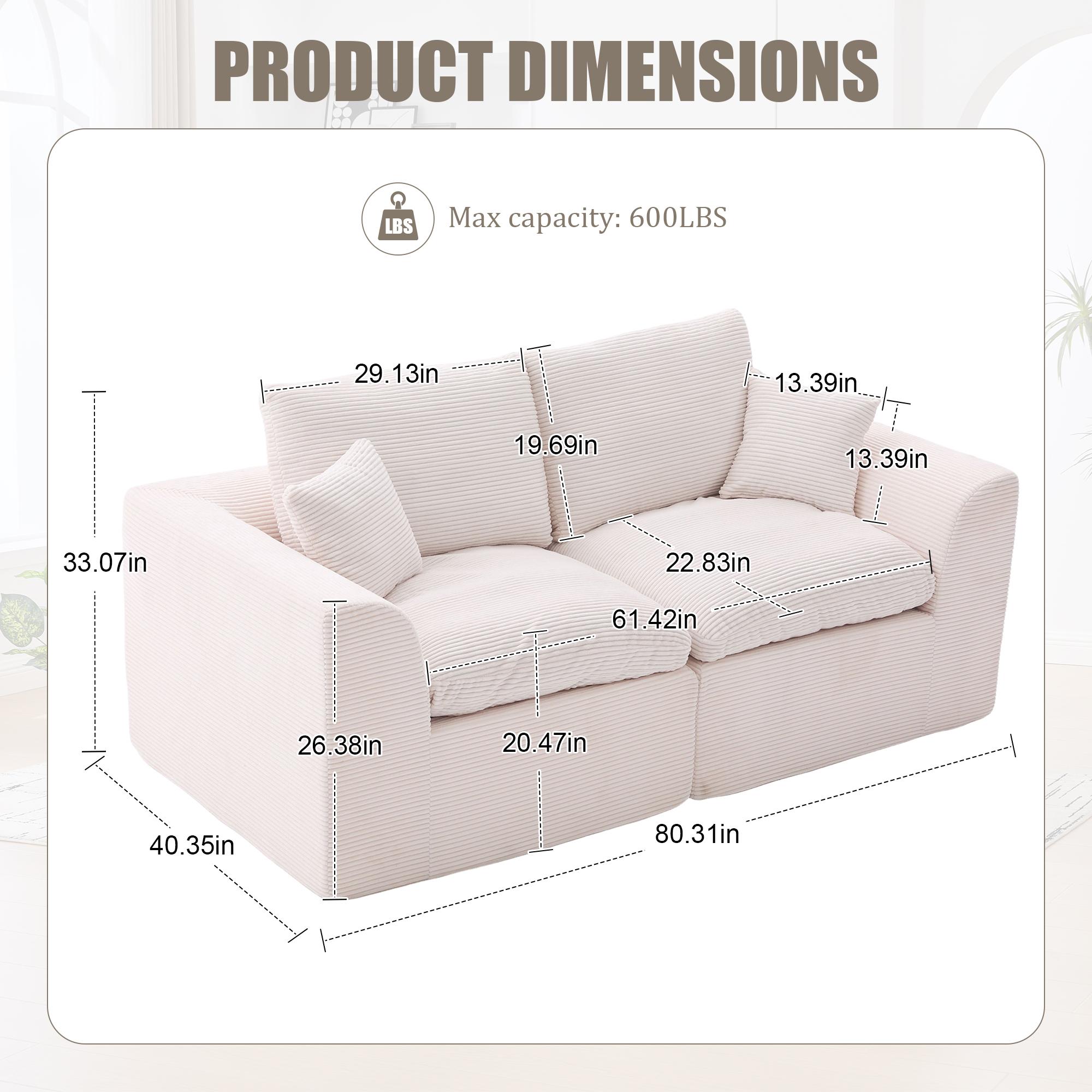 Eyisean 80.3" Corduroy Modern Modular Sectional Sofa, Comfy Loveseat Cloud Couch with Curved Armrest & Removable Cushion Covers, 2 Seater Upholstered Lounge Sofa for Living Room, No Assembly Required