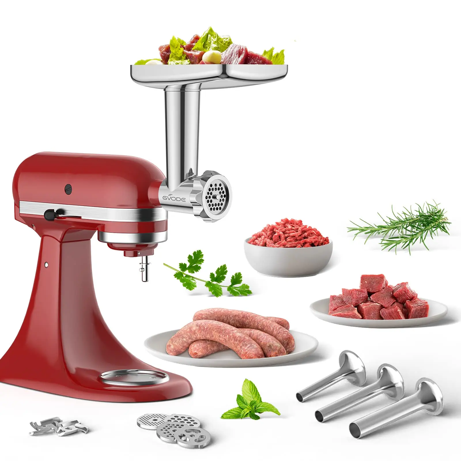 Gvode Stainless Steel Meat Grinder & Sausage Stuffer for KitchenAid Mixers (Housewives-Friendly), Easy to Assemble Sturdy & Durable Kitchen Aid Accessory with 4 Grinding Plates, 3 Sausage Stuffing Tubes, 2 Grinding Blades
