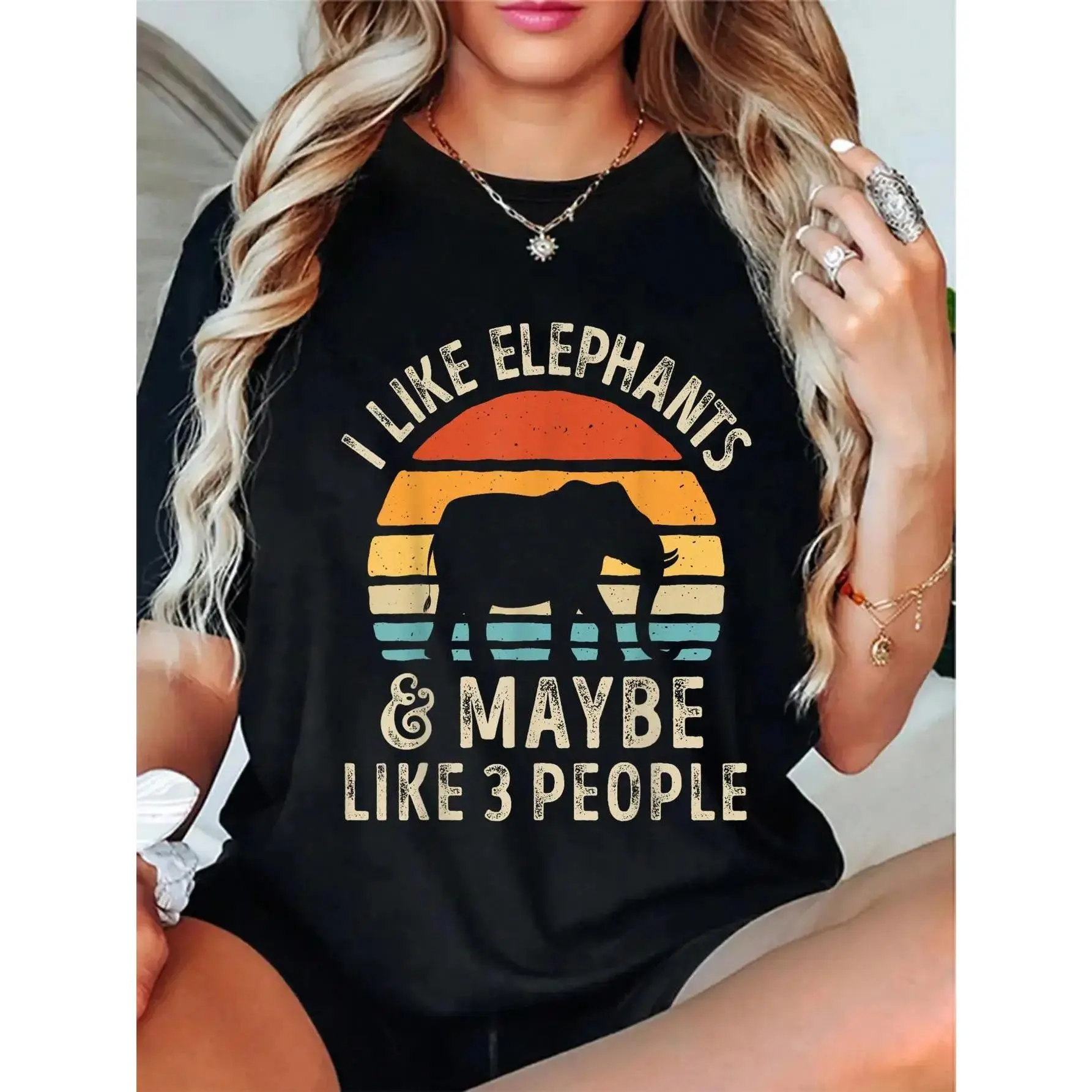 Men's 100% Cotton Short Sleeve Printed Funny Elephant Graphic T-Shirt - "I Like Elephants and Maybe Like 3 People" Retro Quote, Crew Neck, All Seasons Casual Streetwear Tops, Machine Washable, Large, Shortsleeve, Round Neck, Clothes