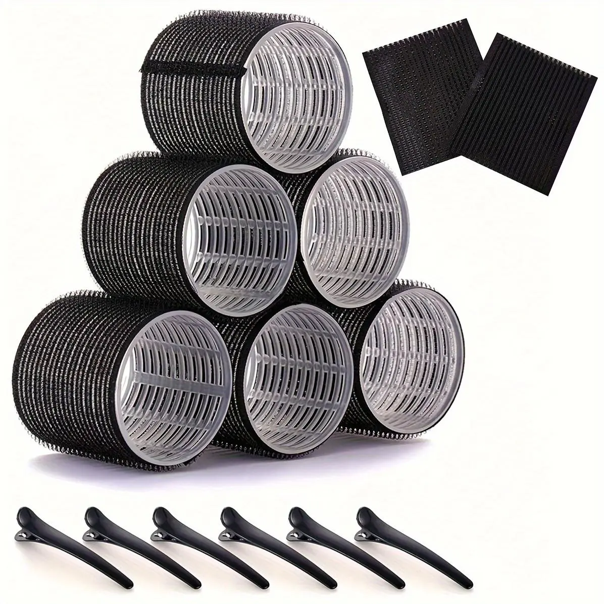 Jumbo Hair Curlers Rollers and Hair Clips, Self-grip Rollers Kit, 6 Rollers & 6 Clips and 2 Hair Fringe Stickers, Heatless Rollers, Hair Bang Accessories, Salon Quality Curlers for DIY Hairstyling, Hair Curling Tool, Heatless Styling Tools