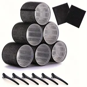 Jumbo Hair Curlers Rollers and Hair Clips, Self-grip Rollers Kit, 6 Rollers & 6 Clips and 2 Hair Fringe Stickers, Heatless Rollers, Hair Bang Accessories, Salon Quality Curlers for DIY Hairstyling, Hair Curling Tool