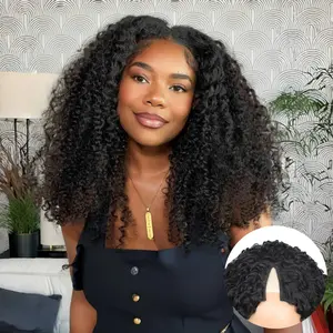 Tahikie V Part Curly Wig Human Hair Upgraded V Part Real Hair Wig Minimal No Sew in No Glue Glueless Afro Kinky Natural Black Brazilian High-Quality 100% Human Hair Beginner Friendly