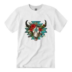 Roses with aztec bull skull T-shirt, bull skull shirt, western bull skull shirt