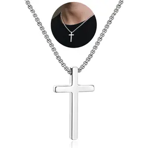 Cross Necklace for Men Teen Boys, Silver Black Gold Stainless Steel Plain Cross Pendant Necklace Box Chain 18 Inch