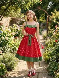 Red 1950s Strawberry Ruffle Belt Dress Casual Boho Bohemian Sleeveless Spaghetti Strap Womenswear  Summer