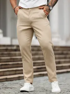Men's slim casual dress pants - beige solid color, machine washable, straight-fitting design with side pockets, suitable for business or casual outings, four-season trousers | straight-fitting pants | internal zipper closure