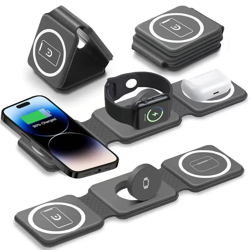 Portable Folding Wireless Charger Station Smart Charging Dock for Apple Devices, Foldable 3-In-1 Charging Pad Magnetic Charging Design for iPhone Watch AirPods Travel Essential Charging Accessory