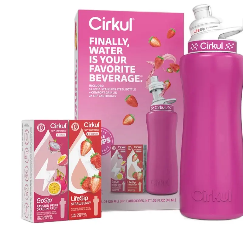 Cirkul 32oz Pink Stainless Steel Starter Kit with Pink & White Cirkul Lid 2.0 and 2 Flavor Cartridges Strawberry Passion Fruit Dragon Fruit Water Bottles Drinkware