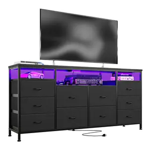 10-Drawer Dresser TV Stand for 65, 70, 75 Inch TVs, 63" W Long Fabric Entertainment Center, Chest of Drawers for Bedroom with LED Lights & Power Outlets,Tabby Pattern