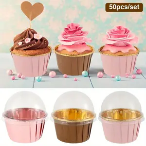 50pcs Foil Cupcake Liners Portable Heat Resistant Aluminum Cake Cups Non-stick Round Aluminum Muffin Liners Easy to Use Bakeware