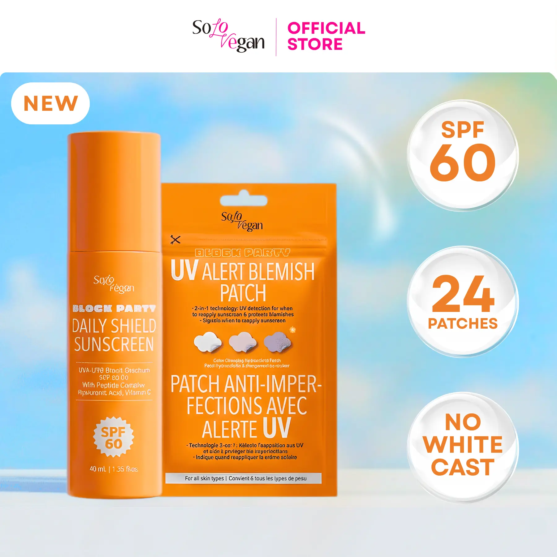 Block Party UV Glow & Blemish Protection Pack - SPF 60 Daily Sunscreen Lotion + 24pc Color Changing Cloud Pimple Patches Duo