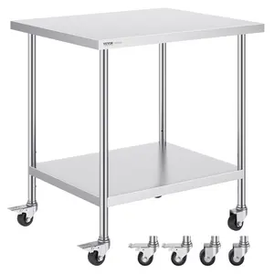【Spotlight Day】VEVOR Stainless Steel Work Table 30 x 36 x 38 Inch, with 4 Wheels, 3 Adjustable Height Levels, Heavy Duty Food Prep Worktable for Commercial Kitchen Restaurant, Silver