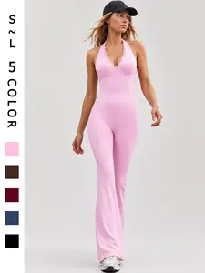 Women’s Workout Jumpsuit Sleeveless Spaghetti Strap Sexy Lace Backless Yoga Jumpsuit Butt Lifting Tummy Control Four Way Stretch Buttery Soft Comfortable Removable Pads Breathable Flare Jumpsuit for Gym Outdoor Running Training Fitness Bodysuit