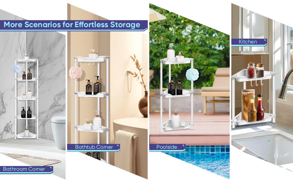 Corner Shower Caddy - 2/3/4/5 Tiers Freestanding Shower Shelves Storage with Large Capacity, Rustproof, Quick Drainage - White Corner Shower Caddy - 2/3/4/5 Tiers Freestanding Shower Shelves Storage with Large Capacity, Rustproof, Quick Drainage - White