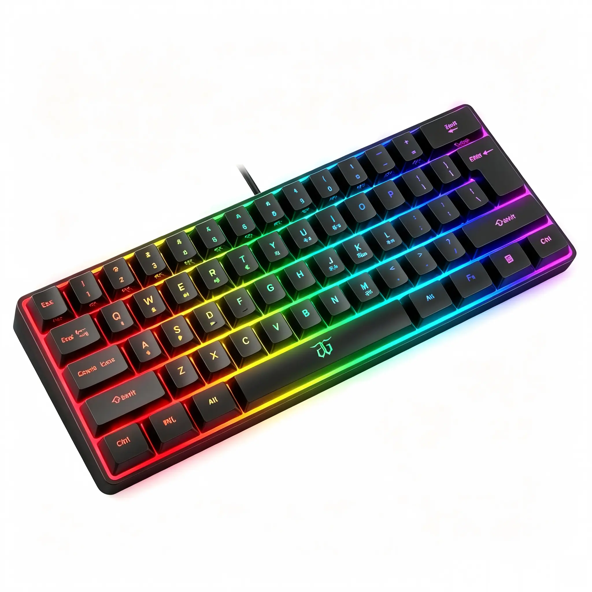 Black Portable 61-Key Wired Gaming Keypad, 60 Percent Space-Saving Mini Peripheral, Vibrant Rainbow RGB Illuminated Waterproof Keyboard, Universal Fit for Windows PC, Mac, Game Enthusiasts, Office Typists & Business Trips